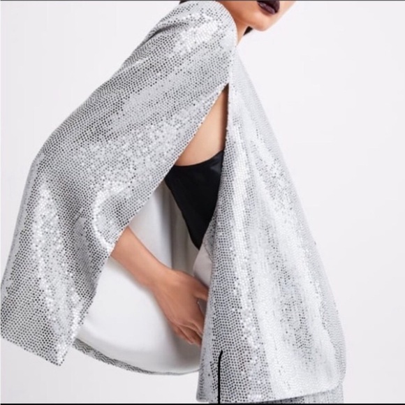 Zara Cape Puncho Blazer Jacket Silver Metallic Sequin NEW - Picture 11 of 13